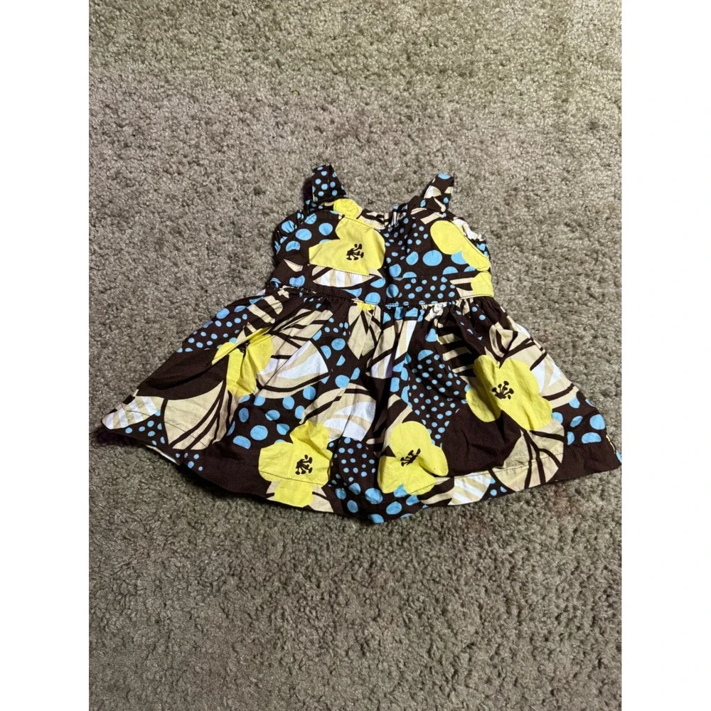 Gymboree Baby Girl Floral Polka Dot Dress Brown Yellow Blue 0-3 Months Cotton